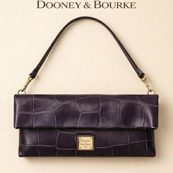 Dooney & Bourke Handbags - Dooney & Bourke Dennison Croc-Embossed Flap Clutch / Shoulder Bag (Dark Navy)